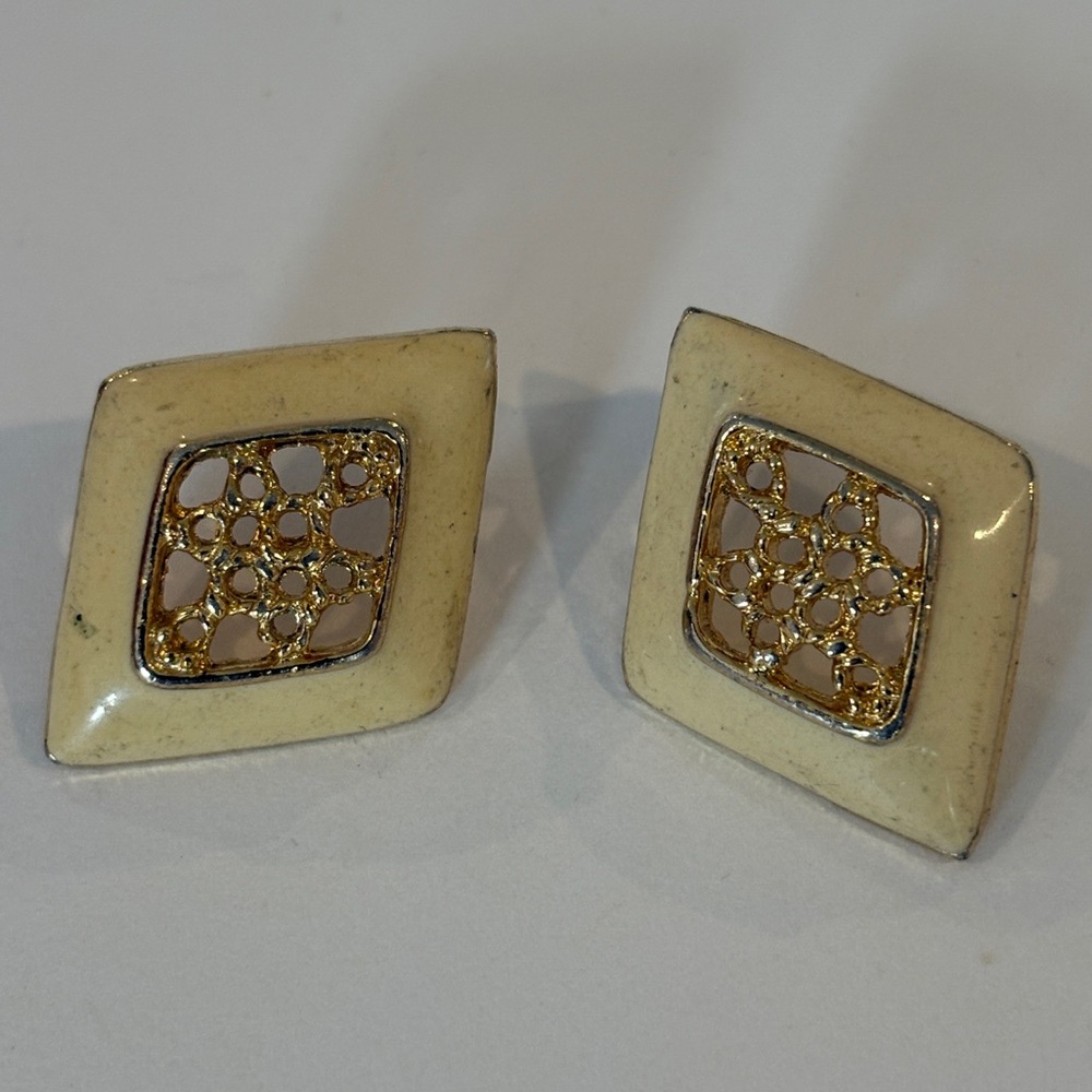 Vintage 1980s Enamel Gold Tone Geometric Earrings Square Shape Retro Jewelry